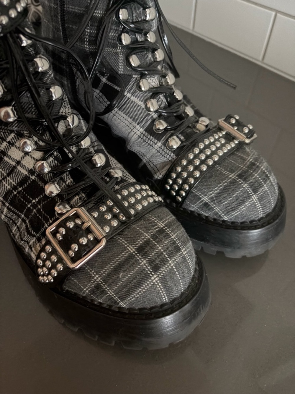 Jeffrey Campbell Helter Black/Grey Plaid Combat Boots - Picture 9 of 14